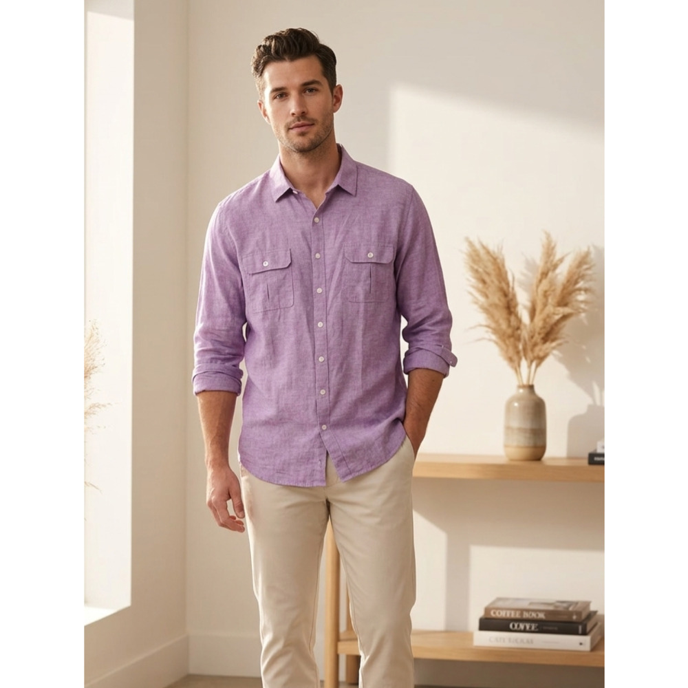 Marc Anthony Linen Blend Slim Fit Button Down Shirt Purple XL
